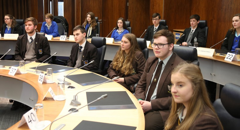 Pupils from Cross and Passion College, Dominican College and Ballycastle High School pictured in the Council Chamber during the policing and community safety event.