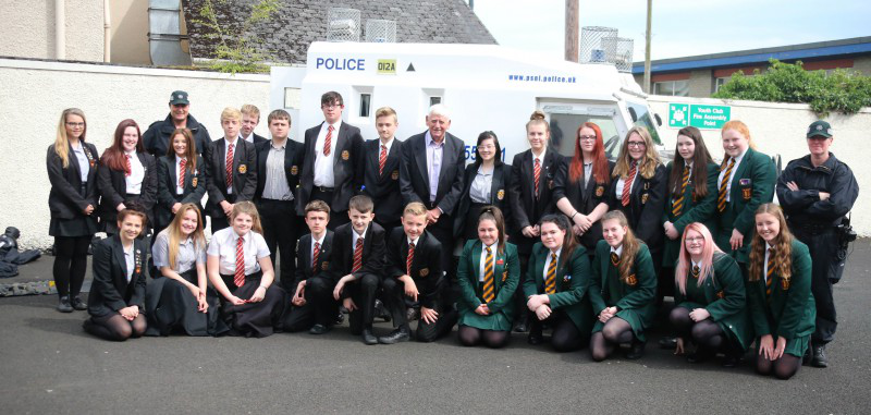 Pupils from St Mary’s High School and Limavady High School pictured at the PCSP community safety and policing event with police officers and Alderman William King.
