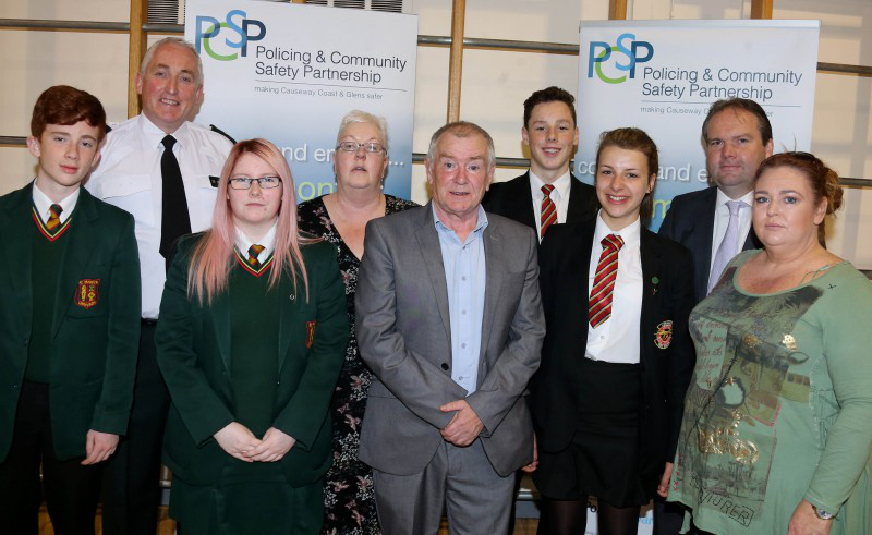Pictured at the PCSP Young Persons Event in Limavady High School on Wednesday 21st June are PSNI Chief Inspector Ian Magee, Mary Mc Closkey, Principal of St Mary’s High School Limavady, PCSP Chair Councillor Tony Mc Caul, Darren Mornin, Principal of Limavady High School, Ashleen Schenning PCSP Vice Chair and Year 10 pupils from the schools.