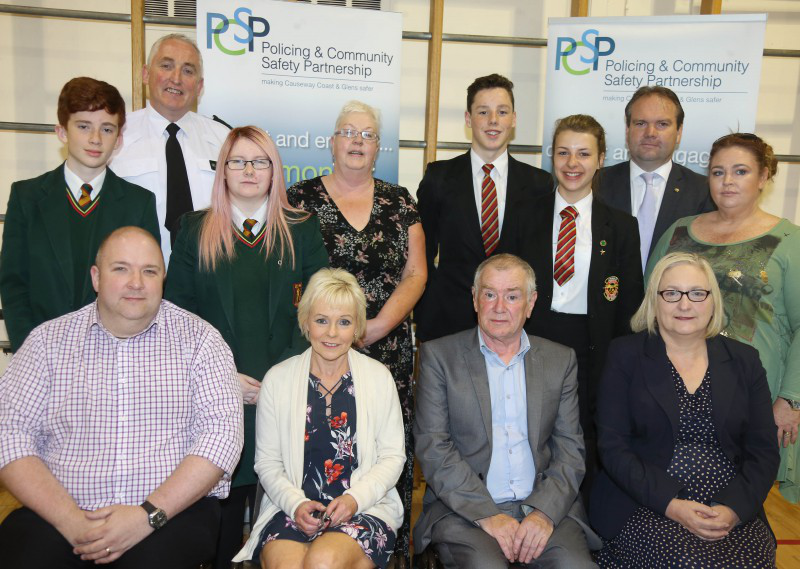 Pictured are PCSP members Anthony Mc Peake, Caroline White, Councillor Tony Mc Caul PCSP Chair, Councillor Brenda Chivers, PSNI Chief Inspector Ian Magee, Mary Mc Closkey, Principal of St Mary’s High School Limavady, Darren Mornin, Principal of Limavady High School, Ashleen Schenning PCSP Vice Chair and Year 10 pupils from St Mary’s Limavady and Limavady High School.