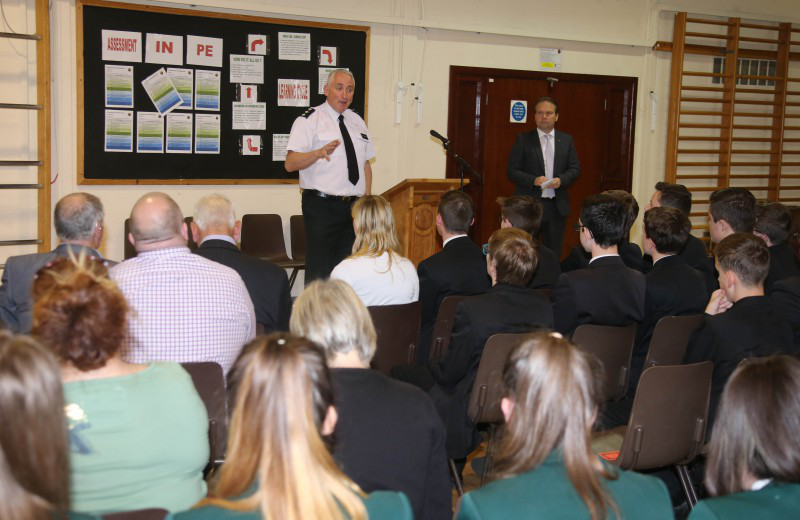 PSNI Chief Inspector Ian Magee pictured at Limavady High School informing pupils about community safety and policing in the area.