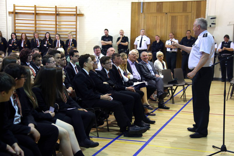 The large crowd of pupils from St Mary’s and Limavady High listen intensely to PSNI Chief Inspector Ian Magee.