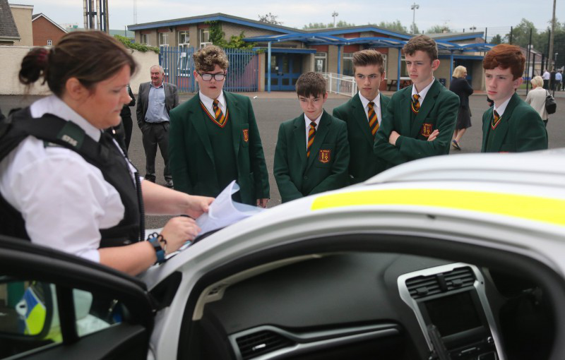 Pupils from St Mary’s Limavady look on as they receive road safety advice.