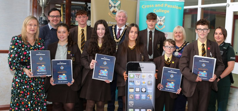 Mayor of Causeway Coast and Glens, Councillor Steven Callaghan, Deputy Mayor Councillor Margaret Anne McKillop, PCSP member Councillor Lee Kane and PSNI officer Constable Robyn O’Connor with pupils from Cross and Passion Secondary School and teacher Mrs Gomez.