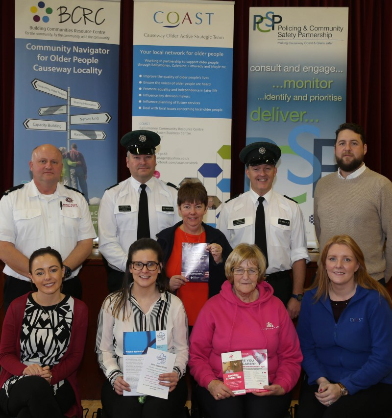 Pictured here are Jason Craig, Northern Ireland Fire and Rescue Service, Constable Sydney Henry and Constable Stewart Crutchley, Roads Policing Education Officers, Michael Mc Cafferty, PCSP Officer, Sharon Anderson, Bronagh Mc Fadden, Community Navigator for Older People, Aoife Mc Master, Dementia Support Worker- Causeway, Marie Mitchell, Arthritis Care and Jenna O’Hara, COAST Manager.