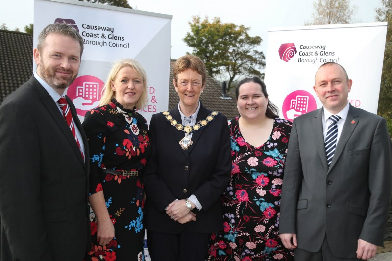 The Mayor of Causeway Coast and Glens Borough Council, Councillor Joan Baird OBE pictured with Councillor James McCorkell (Chair Peace IV Partnership), Kerry Morrison, (The Executive Office) Brenda Hegarty (Programme Manager –SEUPB), and Philip Anderson (Vice-Chair –Peace IV Partnership) Social Partner.
