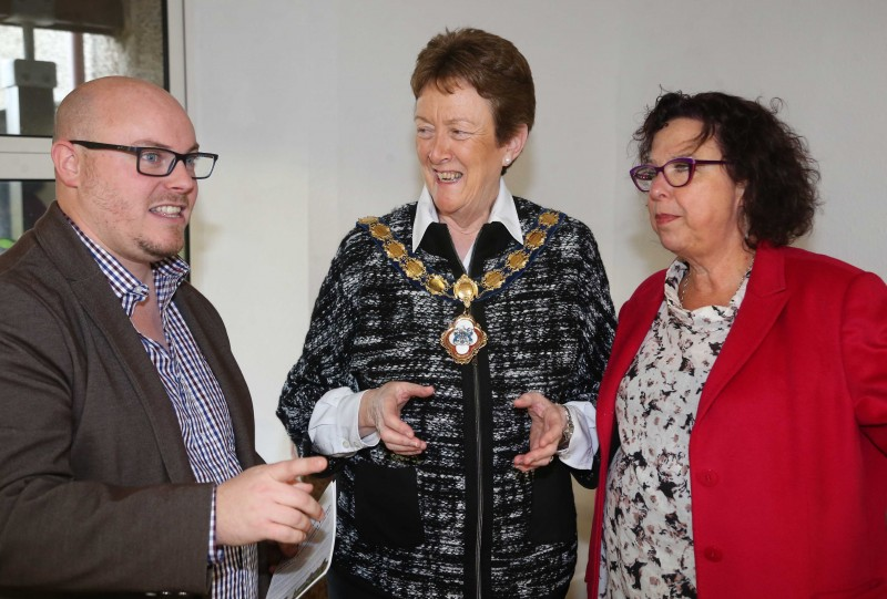 The Mayor of Causeway Coast and Glens Borough Council, Councillor Joan Baird OBE, chats with Jonathan Adams, RNIB Community Access Support, and Helen Perry, Causeway Coast and Glens Borough Council Museum Services Development Manager at the launch of the Peace IV Understanding Our Area, People and Place programme.