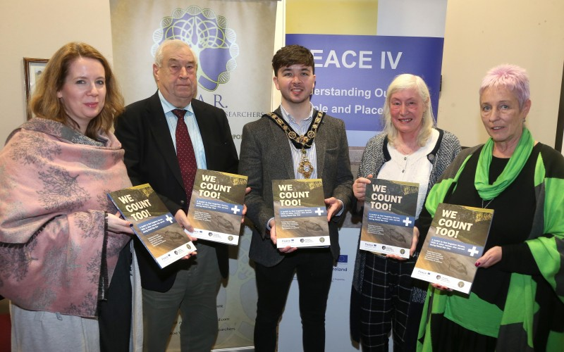Pictured at the recent launch of ‘We Count Too!’, a new book created by Roe Valley Ancestral Researchers are (L-R) Sarah-Jane Goldring, Peace IV Co-ordinator, Raymond Kennedy, Peace IV partnership, the Mayor of Causeway Coast and Glens Borough Council Councillor Sean Bateson, Betty McNerlin, Roe Valley Ancestral Researchers and Joanne Honeyford, Museum Officer.