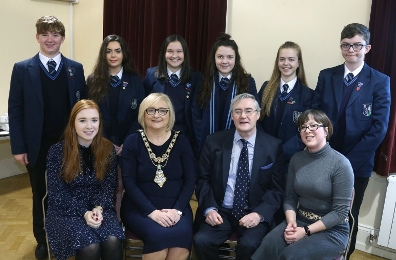 The Mayor of Causeway Coast and Glens Borough Council, Councillor Brenda Chivers pictured with political historian and broadcaster Dr Éamon Phoenix and staff and pupils from Ballymoney High School at a special talk in Ballymoney Museum about the Great War and its legacy.