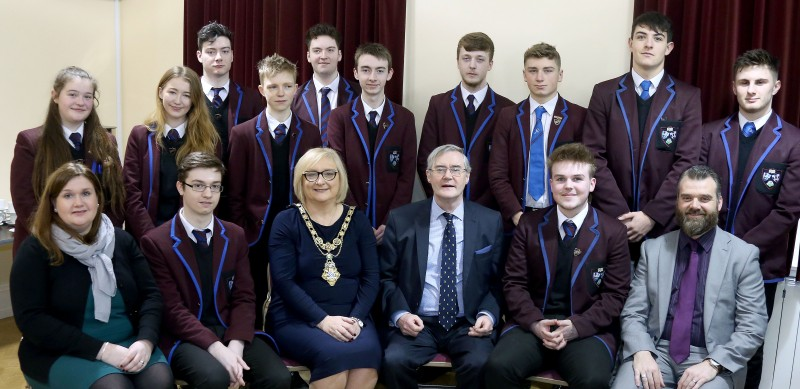 The Mayor of Causeway Coast and Glens Borough Council, Councillor Brenda Chivers pictured with political historian and broadcaster Dr Éamon Phoenix and staff and pupils from Dalriada School at a special talk in Ballymoney Museum about the Great War and its legacy.