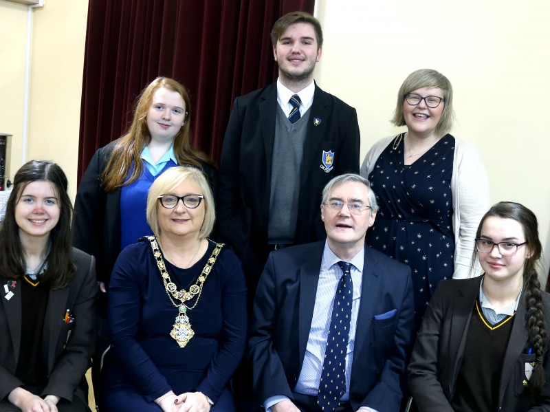 Pupils and staff from Ballycastle High School pictured at a special talk in Ballymoney Museum about the Great War and its legacy with The Mayor of Causeway Coast and Glens Borough Council, Councillor Brenda Chivers and political historian and broadcaster Dr Éamon Phoenix.