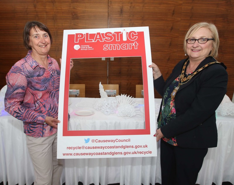 The Mayor of Causeway Coast and Glens Borough Council Councillor Brenda Chivers pictured with artist Kathryn Nelson at the PlasticSmart launch and opening night of the 'Uniform of Debris' art installation.