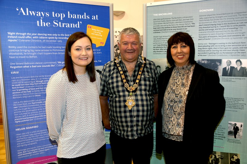 The Mayor of Causeway Coast and Glens Borough Council Councillor Ivor Wallace pictured with Museums Officer Rachel Archibald (left) and Fran McCloskey (right), co-curator of the new exhibition at Coleraine Town Hall.