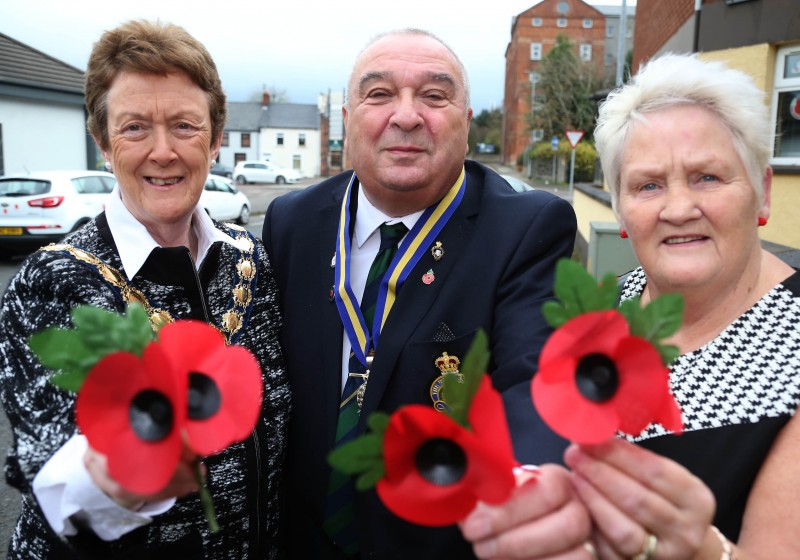 The Mayor of Causeway Coast and Glens Borough Council, Councillor Joan Baird OBE, pictured with Breeze and Ron Galbraith at the launch of the Poppy Appeal in Coleraine.