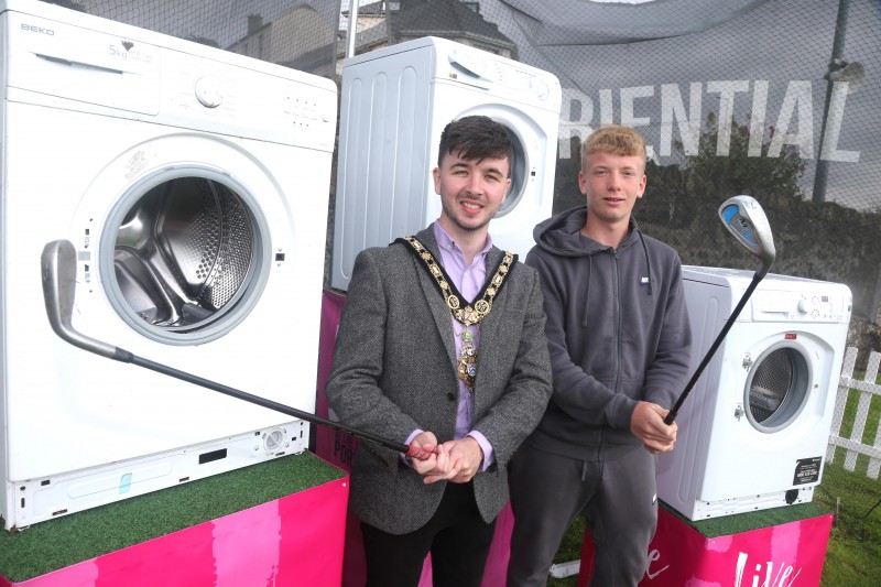 The Mayor of Causeway Coast and Glens Borough Council Councillor Sean Bateson pictured before he takes a go at the golf washing machine challenge at Antrim Gardens in Portrush as part of ‘Live at the 148th Open’ programme.