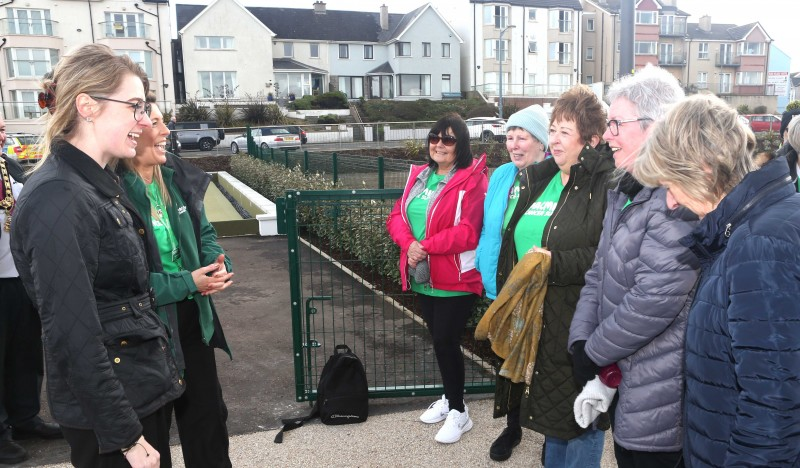 Dehenna Davison, Parliamentary Under-Secretary of State for the Department for Levelling Up, Housing and Communities, meets with Causeway Coast and Glens Borough Council’s Macmillan Move More Co-Ordinator Catherine King and members of the Move More group.