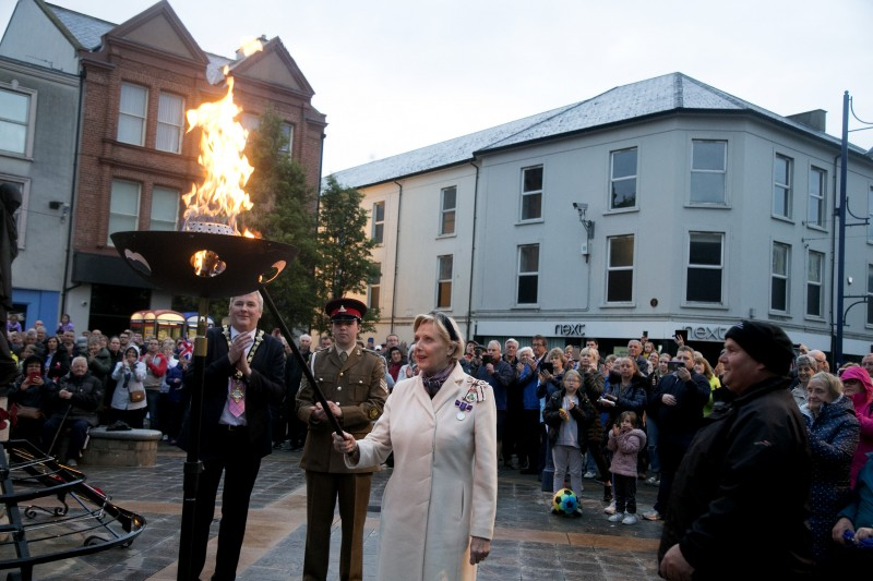 Applause in Coleraine as the Platinum Jubilee beacon is lit by the Lord Lieutenant of County Londonderry Mrs Alison Millar.