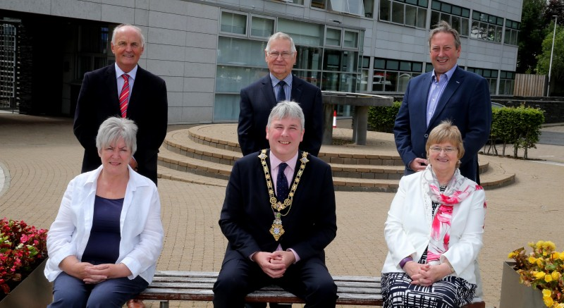 Mayor of Causeway Coast and Glens Borough Council, Councillor Richard Holmes with Birthday Honours recipients Jennifer Campbell MBE (For services to Education, Young People and the Community in Coleraine); David Harding MBE (For Public and Political Service in Northern Ireland); Marian McCouaig MBE (For services to Education); Wavell Moore MBE (For public service in the UK and Abroad) and Stanley Lee MBE (For services to People with Learning Difficulties in Northern Ireland).