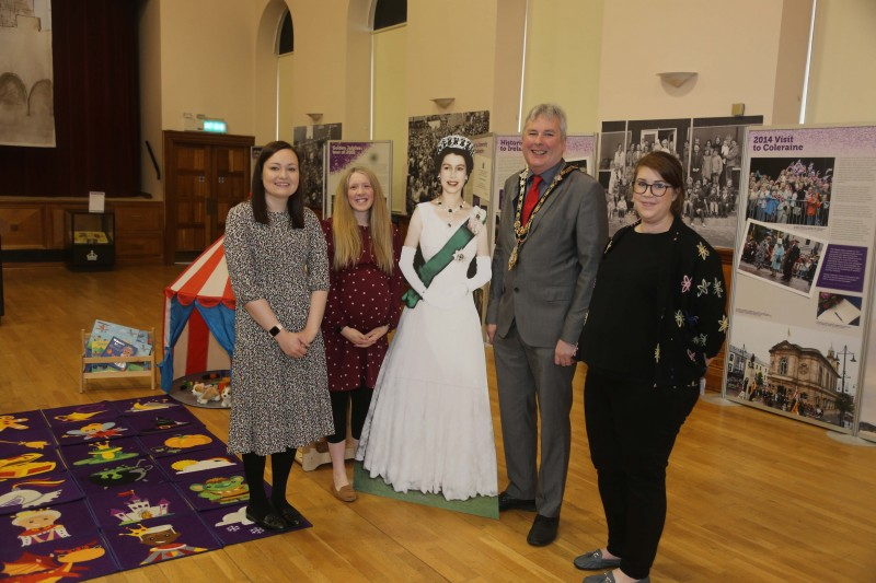 Museum Services Officer, Rachel Archibald, Museum Services Officer, Jamie Austin, the Mayor of Causeway Coast and Glens Borough Council, Councillor Richard Holmes and Museum Services Development Manager, Sarah Carson, pictured at the opening of the Platinum Jubilee exhibition.
