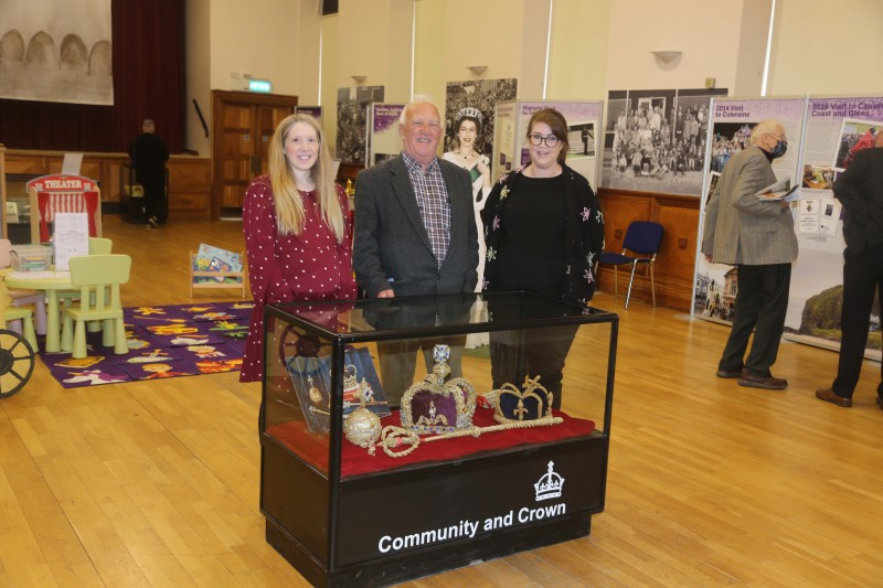 Museum Services Officer Jamie Austin, Gerry Bond, creator of replica straw Crown Jewels on display in the exhibition, and Museum Services Development Manager Sarah Carson pictured at the opening of the Jubilee exhibition in Coleraine Town Hall.