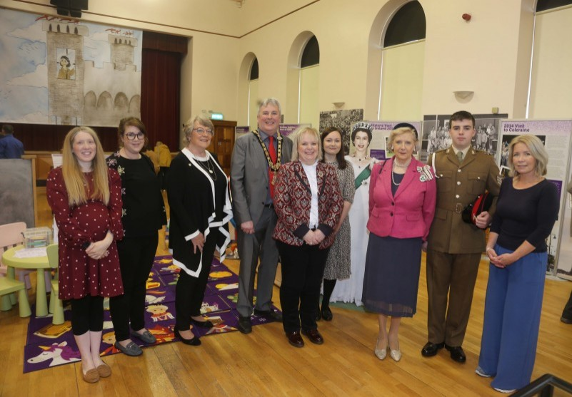 Museum Services Officer Jamie Carson, Museum Services Development Manager Sarah Carson, Deputy Lieutenant, Lady Karen Girvan, the Mayor of Causeway Coast and Glens Borough Council, Councillor Richard Holmes, Alderman Michelle Knight McQuillan, Museum Services Officer Rachel Archibald, Lord Lieutenant for County Londonderry, Mrs Alison Millar, Cadet Bombardier Christopher Johnston of the Royal Artillery in Coleraine and Council’s Head of Community and Culture Julie Welsh pictured at the opening of the new exhibition in Coleraine Town Hall.