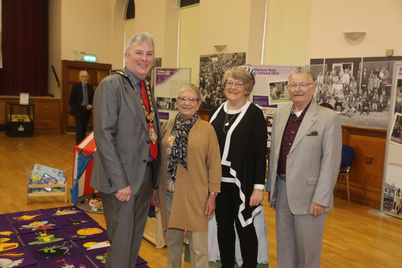 The Mayor of Causeway Coast and Glens Borough Council, Councillor Richard Holmes, Lily O’Neill, Deputy Lieutenant Lady Karen Girvan and Billy O’Neill, participant in Museum Services Jubilee oral history project, pictured at the official opening of the Platinum Jubilee exhibition in Coleraine Town Hall.