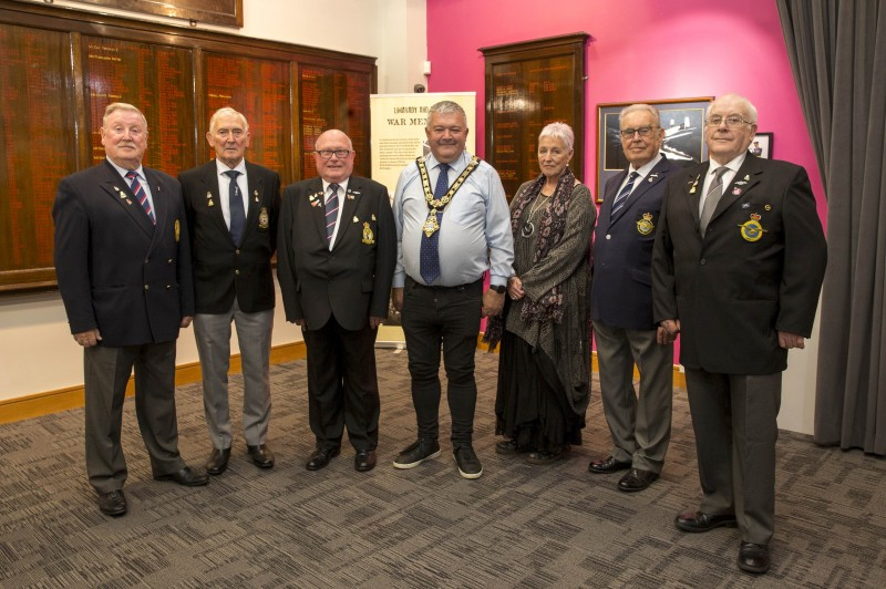 Pictured in the Keenaught Suite at Roe Valley Arts and Cultural Centre are William Mulligan, Fred Mee, Paul O’Brien, the Mayor of Causeway Coast and Glens Borough Council, Councillor Ivor Wallace, Museums Officer Joanne Honeyford, Colin Smith and Paul Taylor.