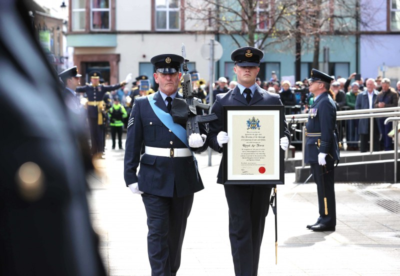 RAF Personnel parade the Freedom certificate during the Freedom of the Borough ceremony held in Limavady on Friday.