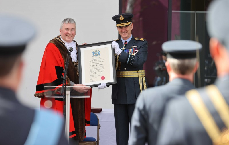 Mayor of Causeway Coast & Glens Borough Council, Councillor Richard Holmes presents the Freedom certificate to Air Marshal Sir Gerry Mayhew during the Freedom of the Borough ceremony held in Limavady on Friday.
