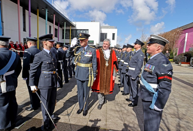 Air Marshal Sir Gerry Mayhew and Mayor of Causeway Coast and Glens Borough Council Richard Holmes inspect the parade ahead of the Freedom of the Borough ceremony held in Limavady on Friday.