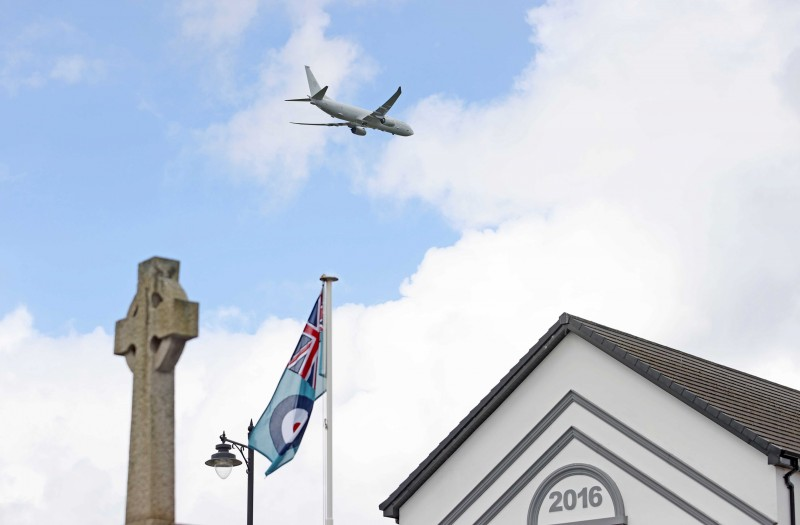 P8 Boeing Poseidon based at RAF Lossiemouth performs a flypast over Limavady during the Freedom of the Borough celebrations