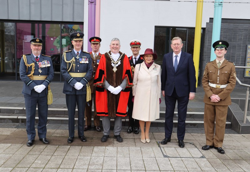 Air Officer Northern Ireland, Air Marshal Sean Reynolds, Air Marshal Gerry Mayhew, Brigadier James Senior, the Mayor of Causeway Coast and Glens Borough Council, Richard Holmes, Brigadier Andy Muddiman, Lord Lieutenant of County Londonderry Mrs Alison Millar, Lord Caine and Cadet Joshua Durnin at the the Freedom of the Borough ceremony held in Limavady on Friday