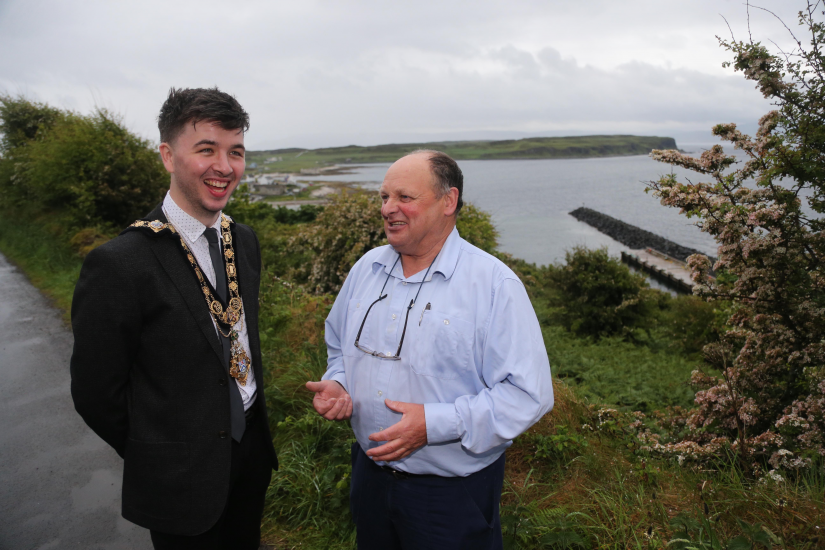 The Mayor of Causeway Coast and Glens Borough Council Councillor Sean Bateson pictured with Noel McCurdy, ‘the last Viking on Rathlin Island’.