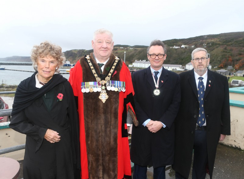 The Mayor of Causeway Coast and Glens, Councillor Steven Callaghan alongside Baroness Kate Hoey, Earl of Antrim Randel McDonell representing His Majesty the King and James McCurdy, Chairperson of Ballycastle Royal British Legion.