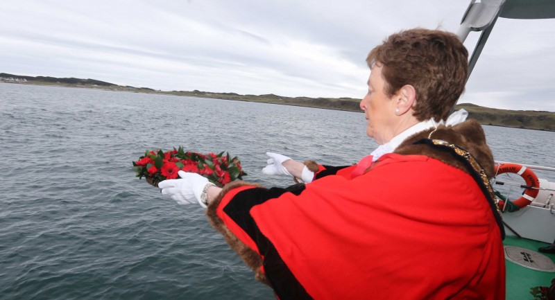 The Mayor of Causeway Coast and Glens Borough Council, Councillor Joan Baird OBE, pictured laying a wreath at sea as part of the Service of Remembrance, symbolising the 100th anniversary of the sinking of HMS Drake.