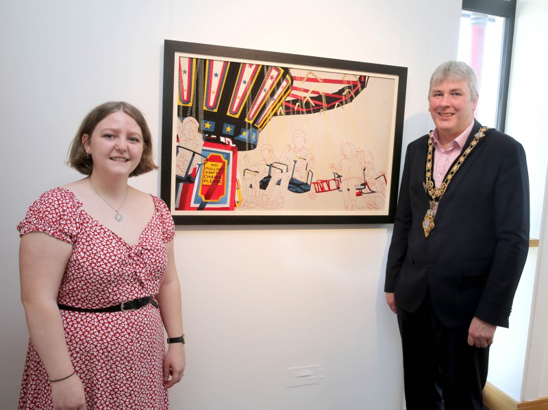 Mayor of Causeway Coast and Glens Borough Council, Councillor Richard Holmes views the work of artist Mary Rebecca Morrison: A textile artist living and working in Belfast, Mary Rebecca’s work is influenced by her family’s documentation of their lives.