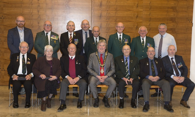 The Mayor of Causeway Coast and Glens Borough Council Councillor Richard Holmes pictured with representatives of Ballymoney Royal British Legion who attended a recent reception in Cloonavin along with Councillor Darryl Wilson, Alderman John Finlay, and Councillor Ivor Wallace.