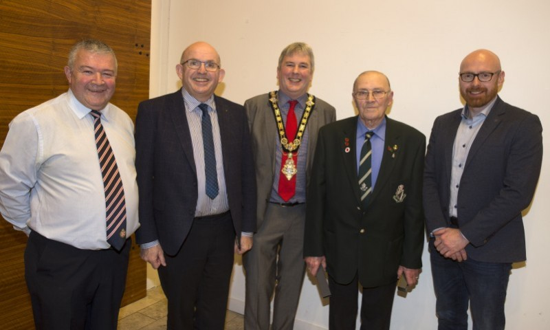 Liam McCurdy, Secretary of Ballymoney Royal British Legion, pictured with (left -right) Councillor Ivor Wallace, Alderman John Finlay, the Mayor of Causeway Coast and Glens Borough Council Councillor Richard Holmes and Councillor Darryl Wilson.
