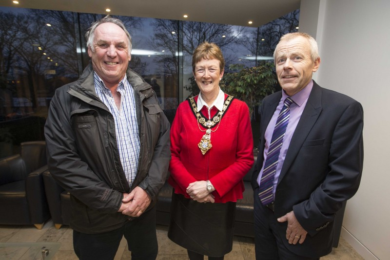 The Mayor of Causeway Coast and Glens Borough Council, Councillor Joan Baird OBE, congratulates local pool champion Adam Freeburn.