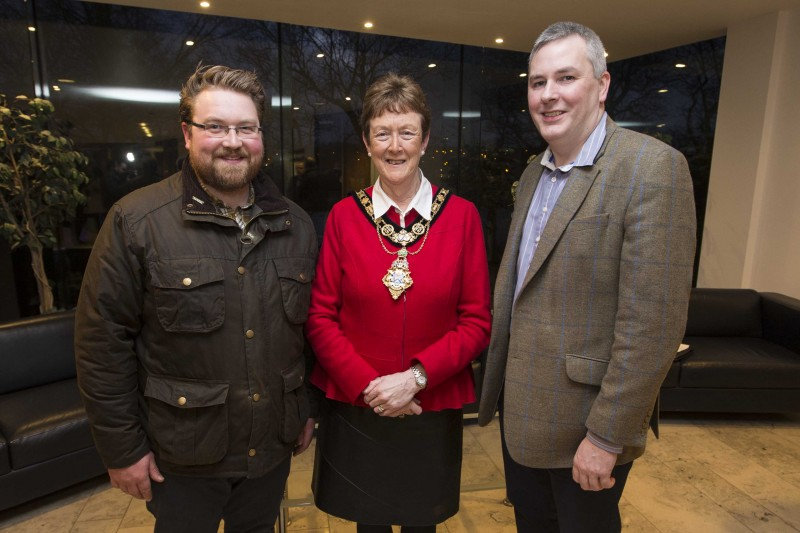 Pictured at a reception to mark the first recipients of Causeway Coast and Glens Borough Council’s Enterprise Fund are Alastair Crown from Corndale Farm, the Mayor, Councillor Joan Baird OBE and Councillor Richard Holmes.