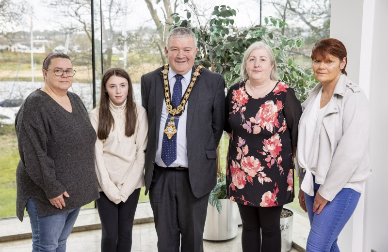 Mayor of Causeway Coast and Glens, Councillor Ivor Wallce with (L-R) Valerie Gage, Giving Shed vice-chairperson, Orlaith Redmond, Maggie McGuckien, Giving Shed founder and Liz McLaughlin, Giving Shed treasurer