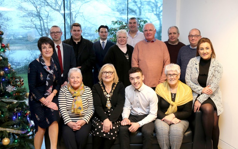 Eunan McGlinchey with friends and family members at a civic reception hosted in his honour by the Mayor of Causeway Coast and Glens Borough Council Councillor Brenda Chivers.