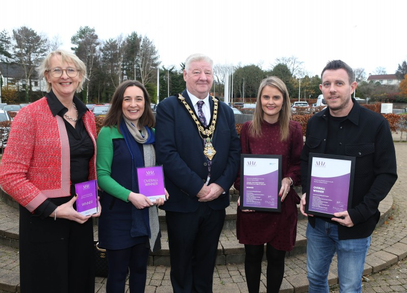 Mayor of Causeway Coast and Glens, Councillor Steven Callaghan alongside Petra Corr (Director of Mental Health, Learning Disability and Community Wellbeing), Clare Galway (Paediatric Health Improvement Dietitian), Sandra Anderson (Health & Wellbeing Manager) and Jonny McFadden.