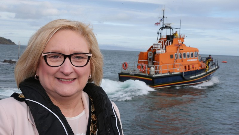 The Mayor of Causeway Coast and Glens Borough Council Councillor Brenda Chivers pictured during her visit to Red Bay RNLI station.
