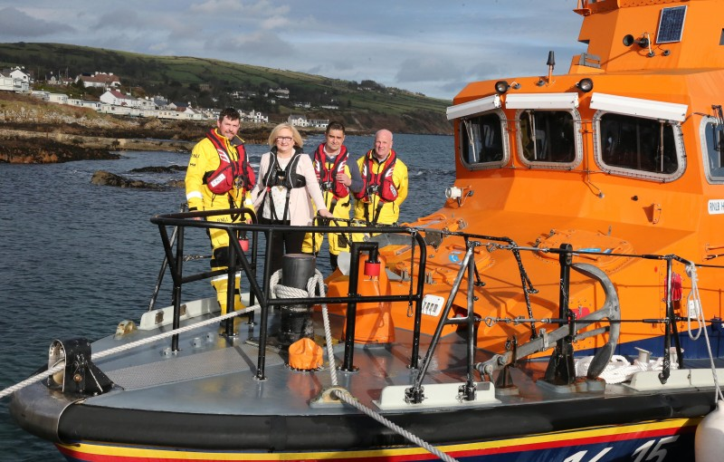 The Mayor of Causeway Coast and Glens Borough Council Councillor Brenda Chivers pictured with crew member Joey Black, mechanic Liam O’Brien and Coxswain Paddy Cox