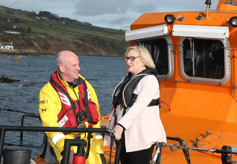 The Mayor of Causeway Coast and Glens Borough Council Councillor Brenda Chivers chats with Coxswain Paddy McLaughlin.