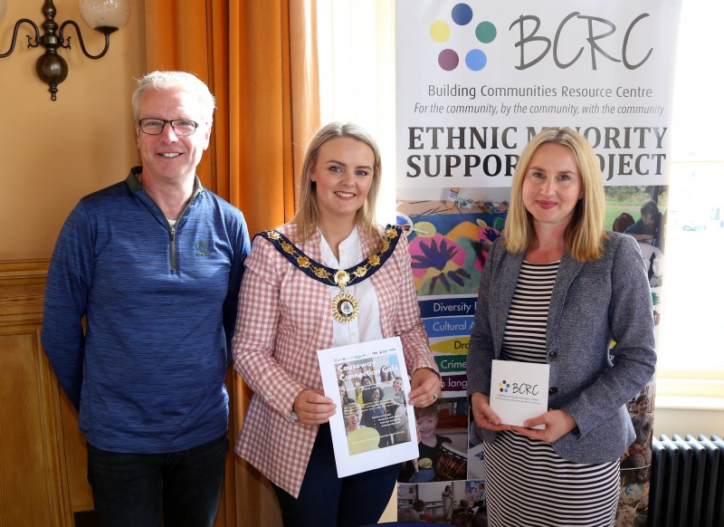 The Deputy Mayor of Causeway Coast and Glens Borough Council, Councillor Kathleen McGurk, pictured with Gosia O’Hagan and Fergal Quinn representing Building Communities Resource Centre at the information event held in Portrush Town Hall.
