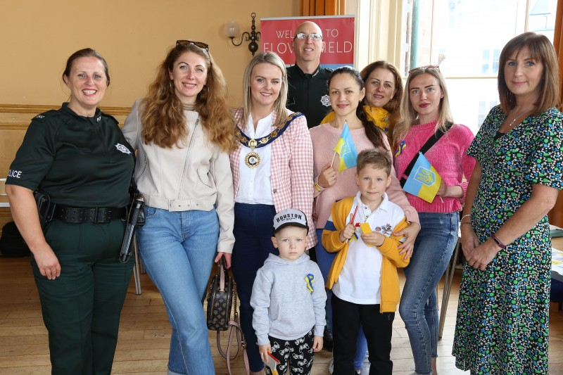 The Deputy Mayor of Causeway Coast and Glens Borough Council, Councillor Kathleen McGurk, pictured with members of PSNI Support Hub, Council’s Good Relations Manager Patricia Harkin and some people from Ukraine who attended the information event for refugees held in Portrush Town Hall during Good Relations Week.