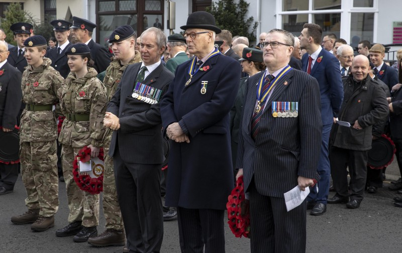 Pictured at the Service of Remembrance and Wreath Laying Ceremony at the War Memorial at High Street, Ballymoney including Colonel Alan Platt, Ballymoney RBL President John Pinkerton and Ballymoney RBL Chairman Mark McLaughlin.