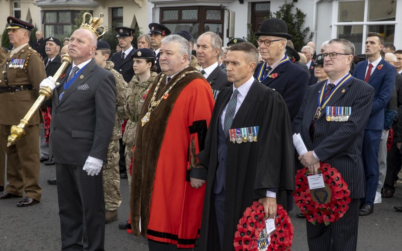 The Mayor of Causeway Coast and Glens Borough Council, Councillor Ivor Wallace, and Chief Executive David Jackson pictured at the Service of Remembrance and Wreath Laying Ceremony in Ballymoney.